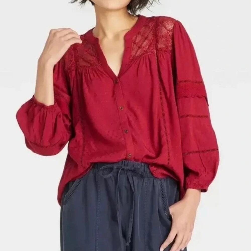 Knox Rose Womens Large Dark Red Eyelet Lace Button Front Blouse Boho